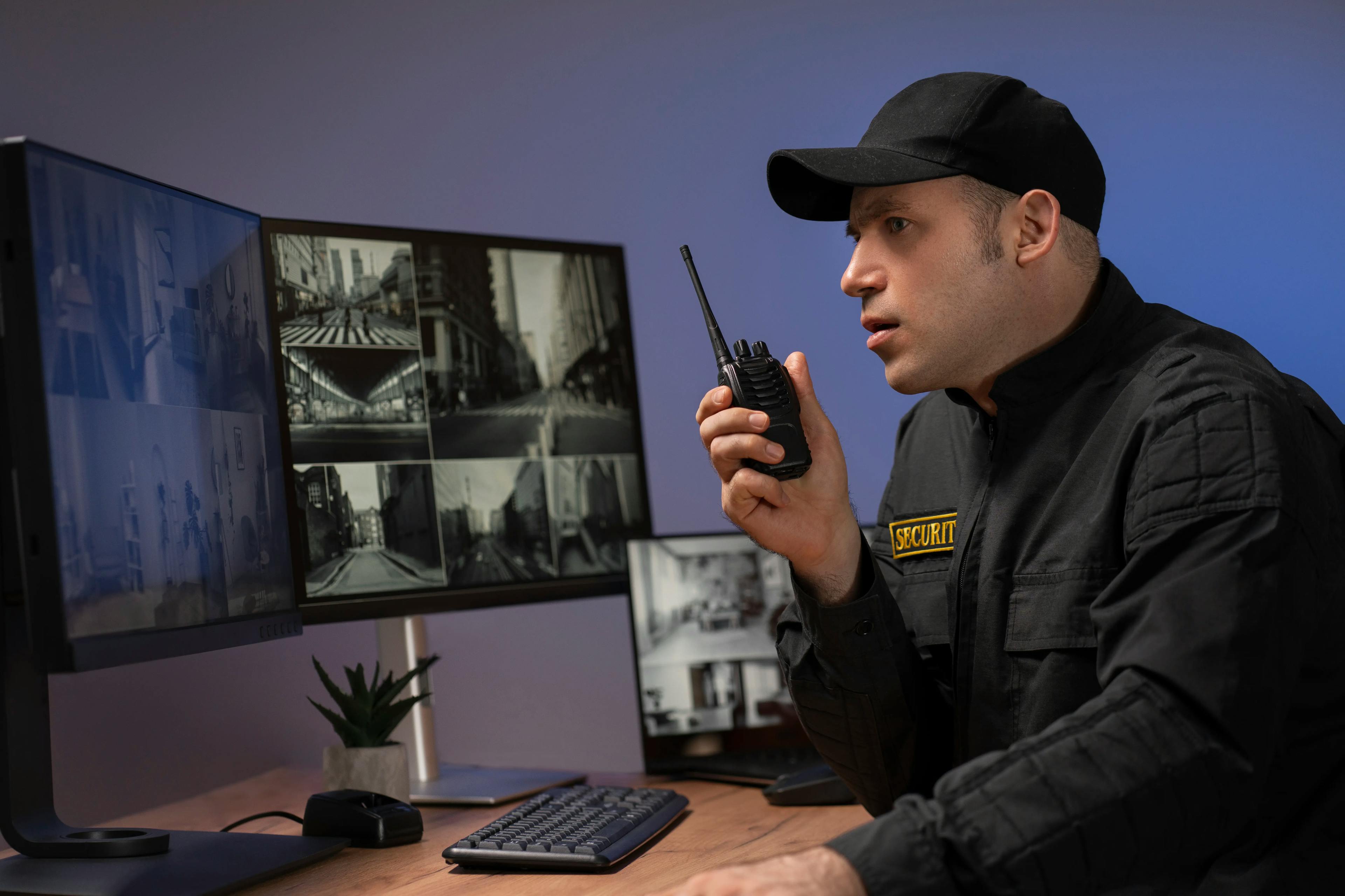 Portrait of male security guard with radio station and camera screens